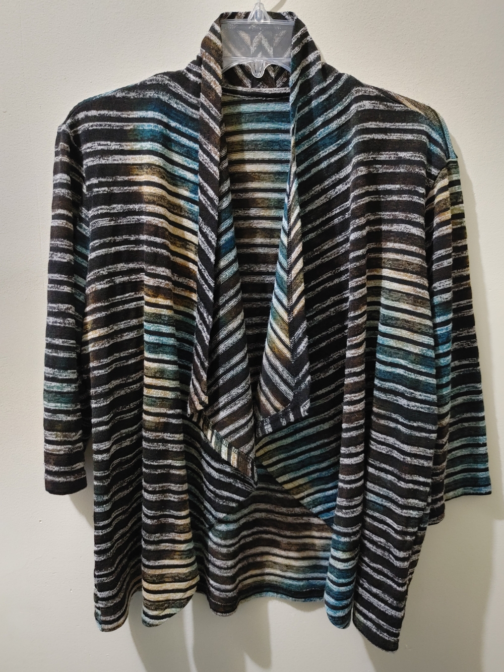 Striped Open-Front Women's Cardigan Sweater - Black with Teal & Cream Accents
